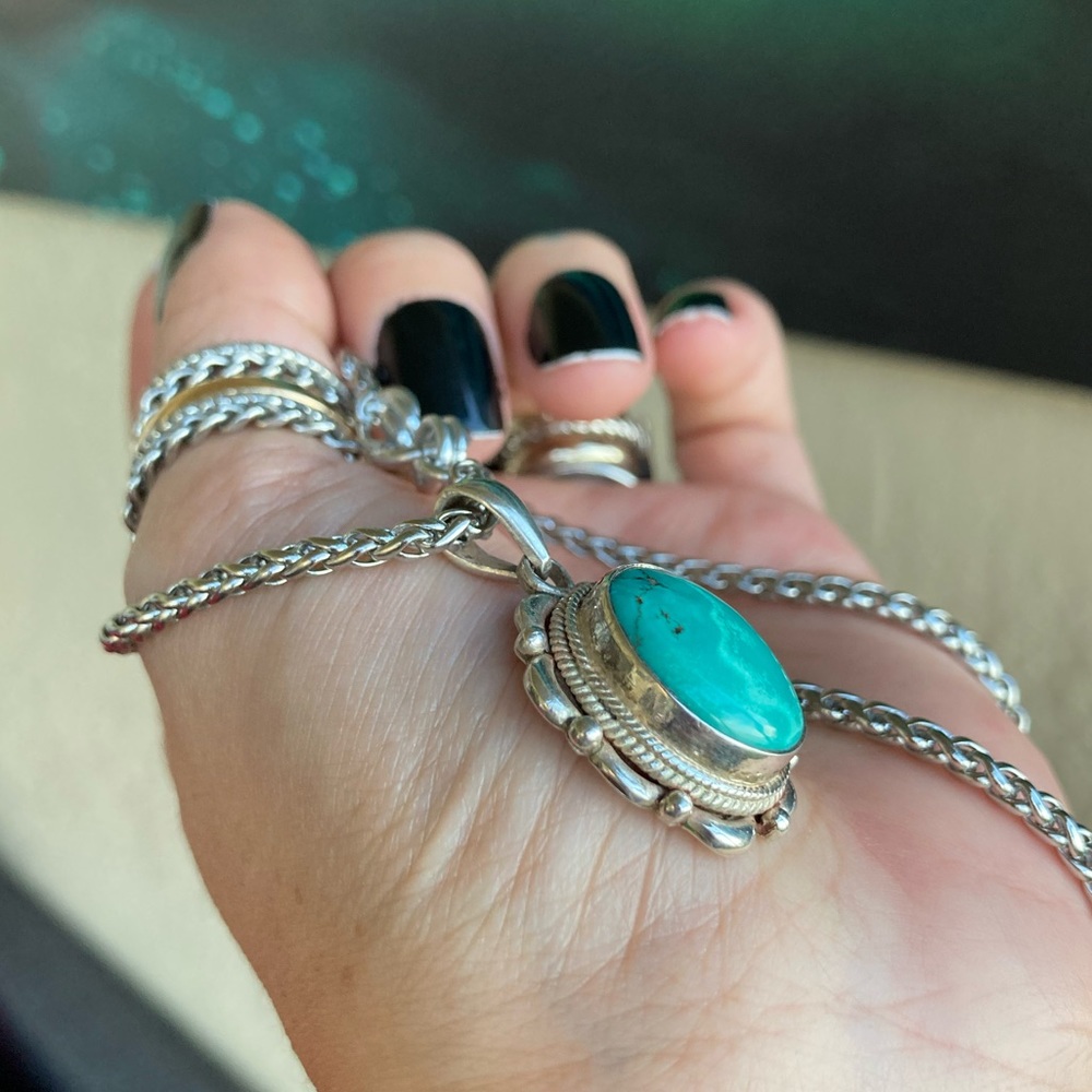 925 sterling silver turquoise charm on stainless steel chain necklace boho stone - Picture 15 of 15